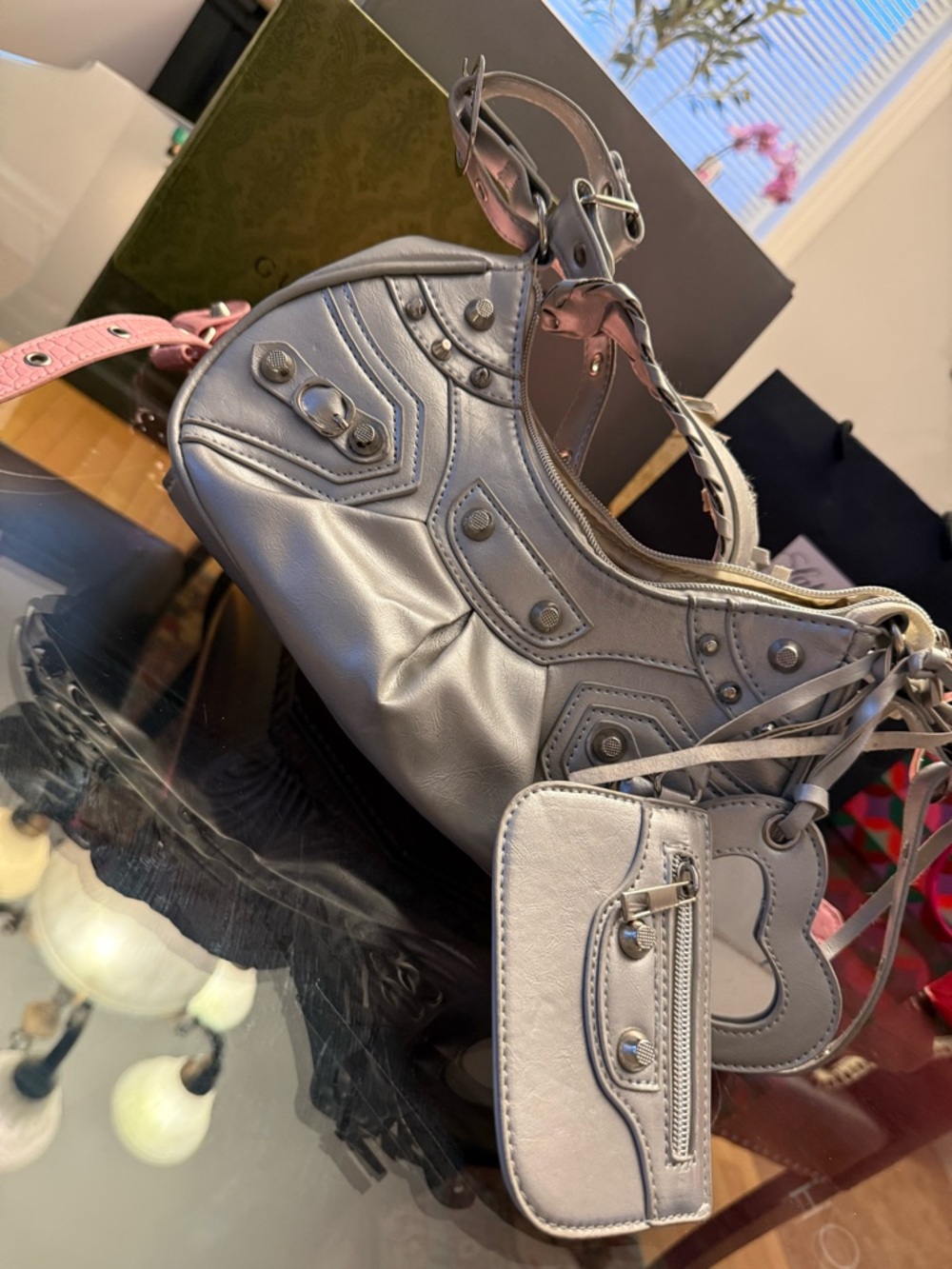 Silver U2K Women's Shoulder Bag with Zipper pouch & Mirror